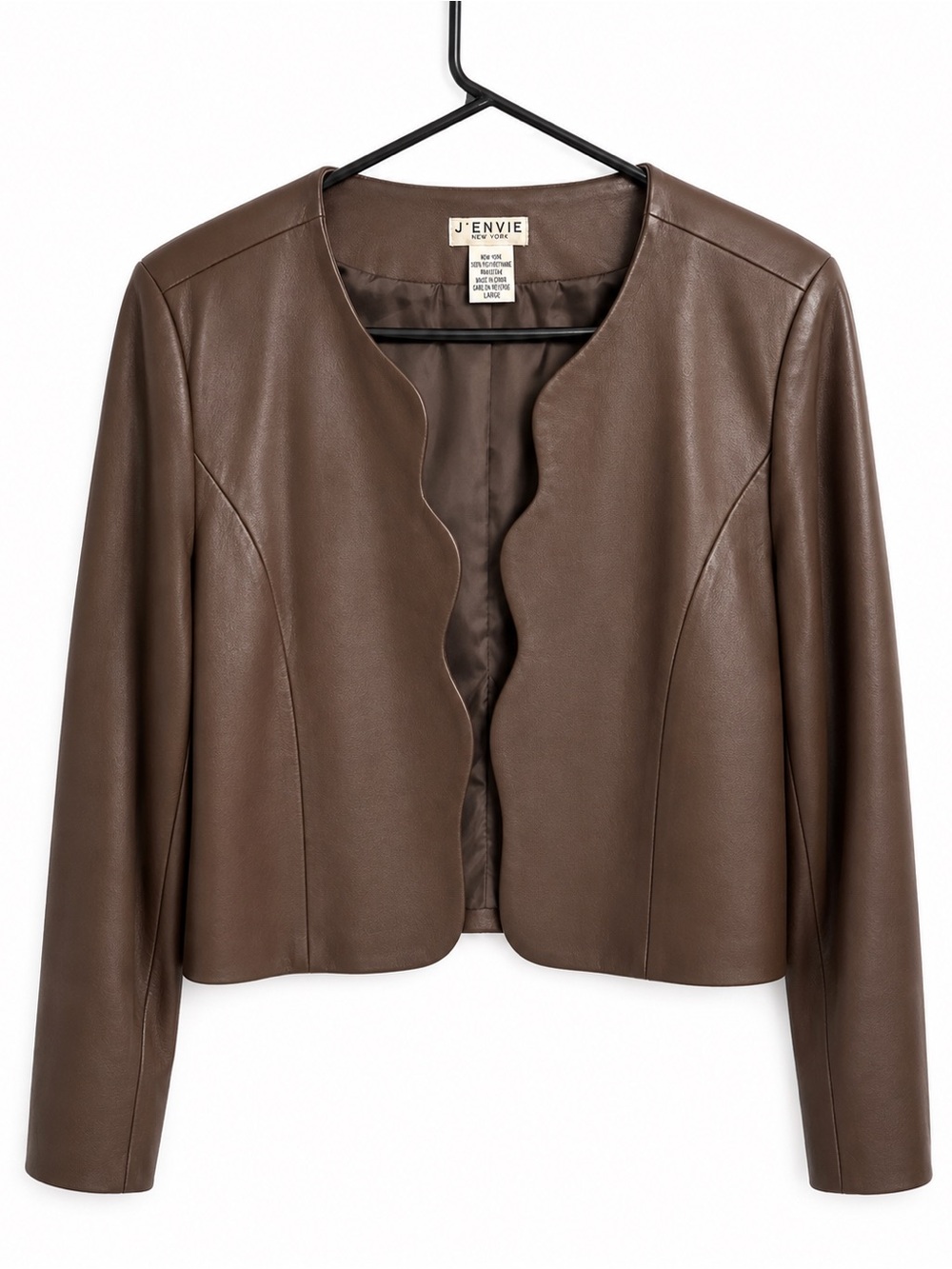 J’Envie New York Leather Scalloped Open Front Jacket Brown Large